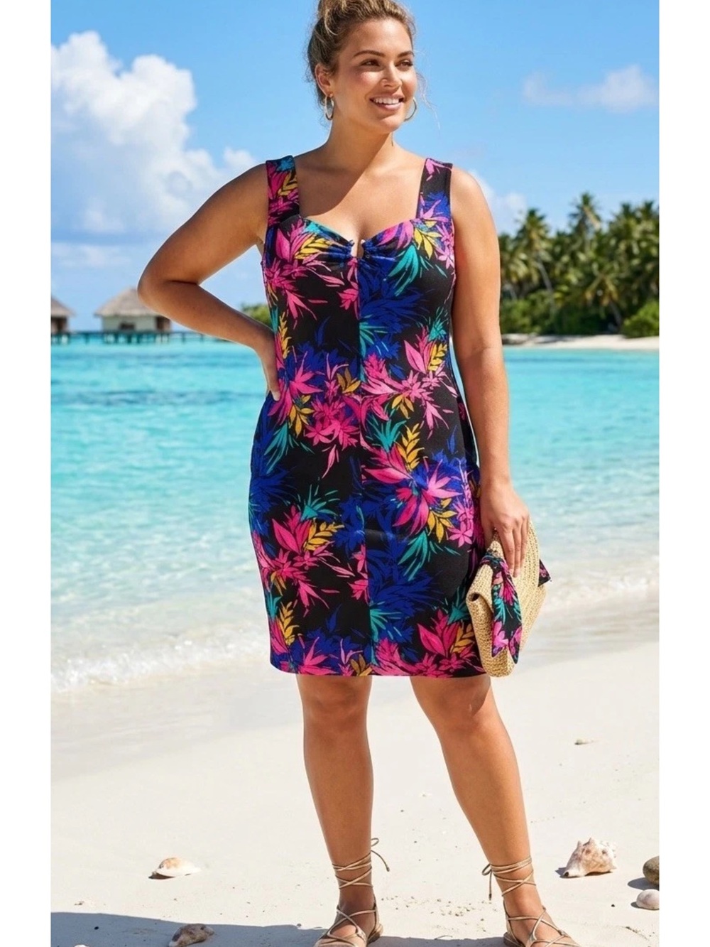 Plus Size XXL Black Tropical Floral Swim Dress